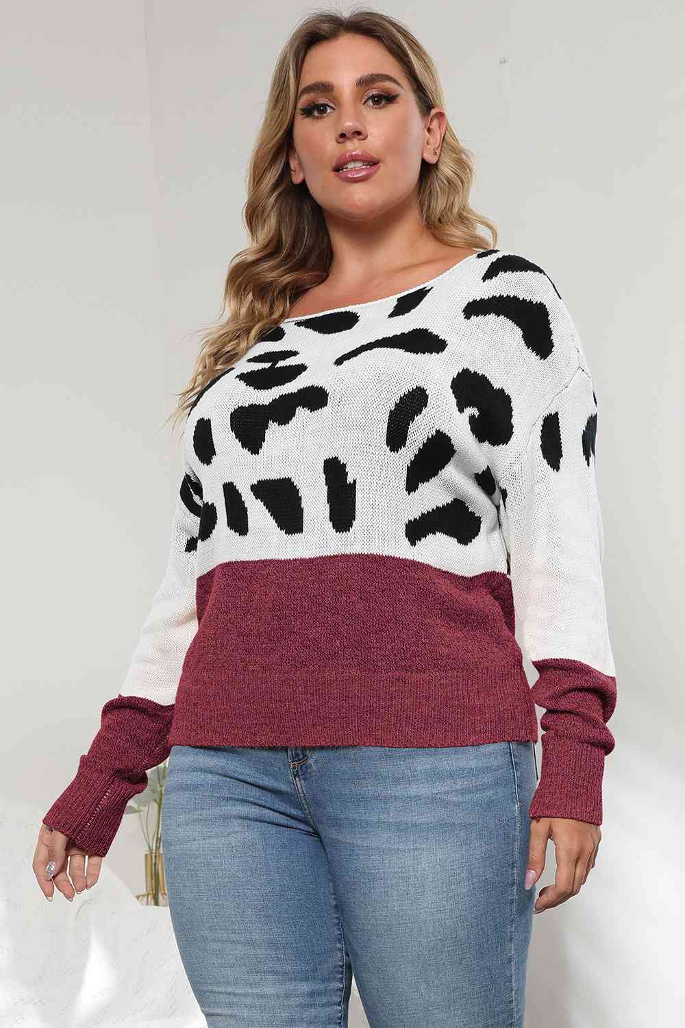 Top tipo suéter de manga larga con estampado de leopardo y cuello redondo de talla grande - 3 colores