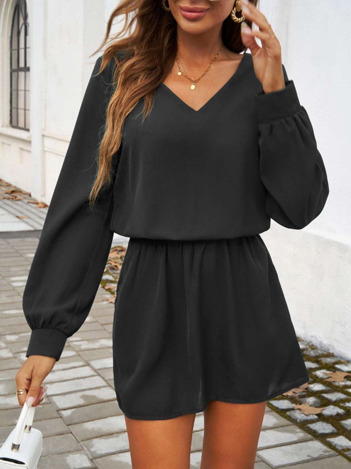 Elegant Cutout V-Neck Long Sleeve Mini Dress