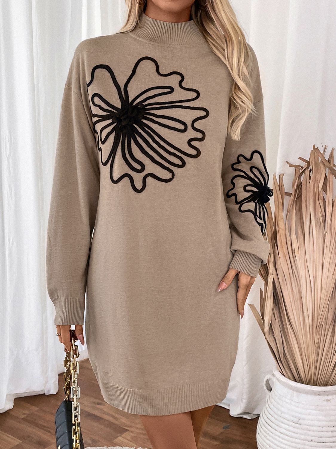 Perfee Flower Mock Neck Long Sleeve Sweater Mini Dress