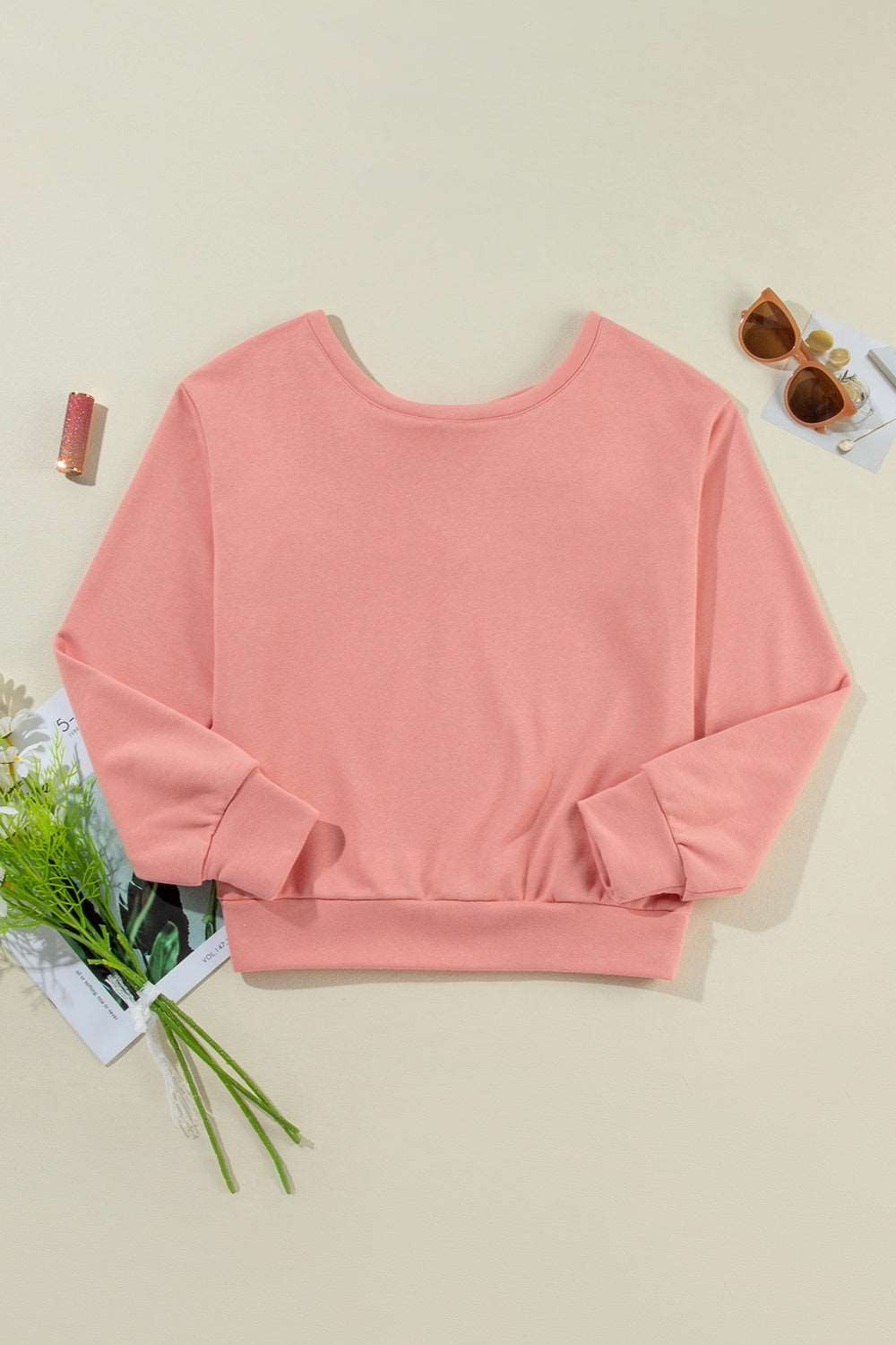 Cutout Bow Round Neck Long Sleeve Sweatshirt