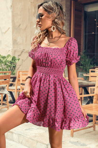 Polka Dot Square Neck Smocked Waist Dress