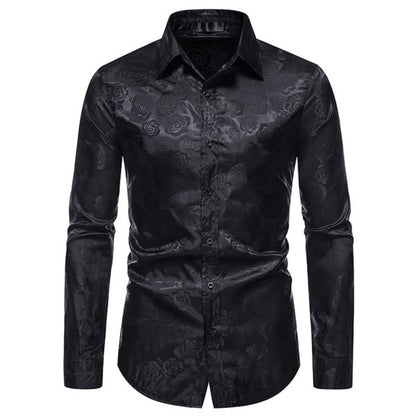 Men's Rose Jacquard Long Sleeve Shirt | Slim Fit Floral Button-Down Dress Shirt Black
