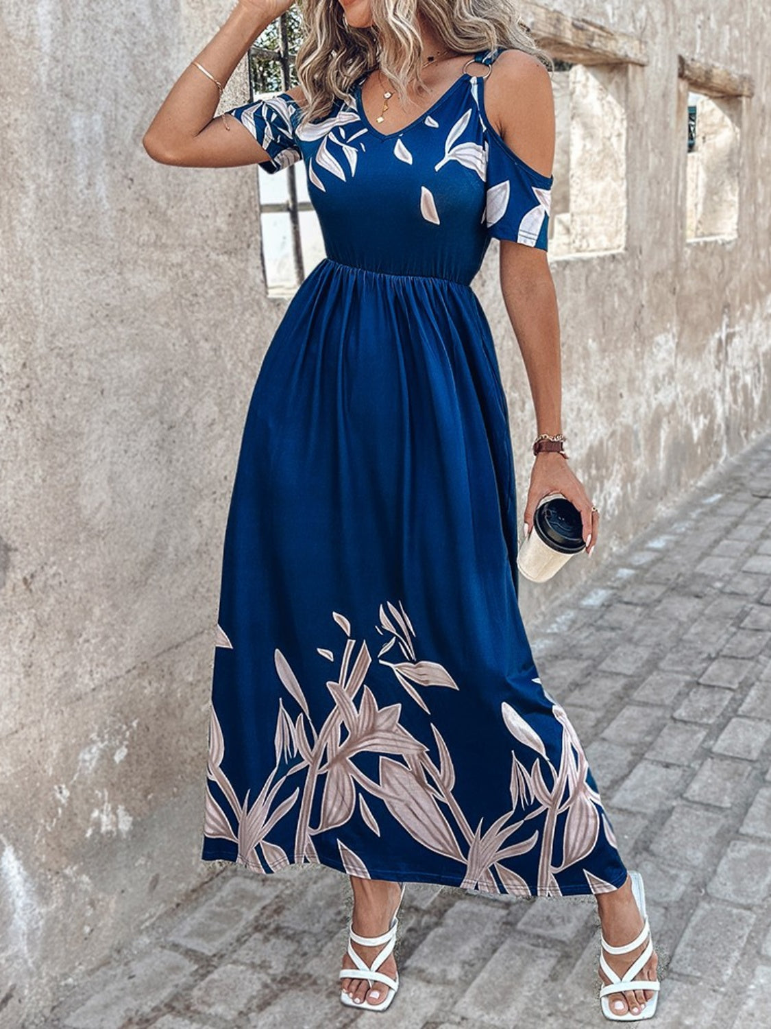 Women's Printed Cold Shoulder Short Sleeve Maxi Dress