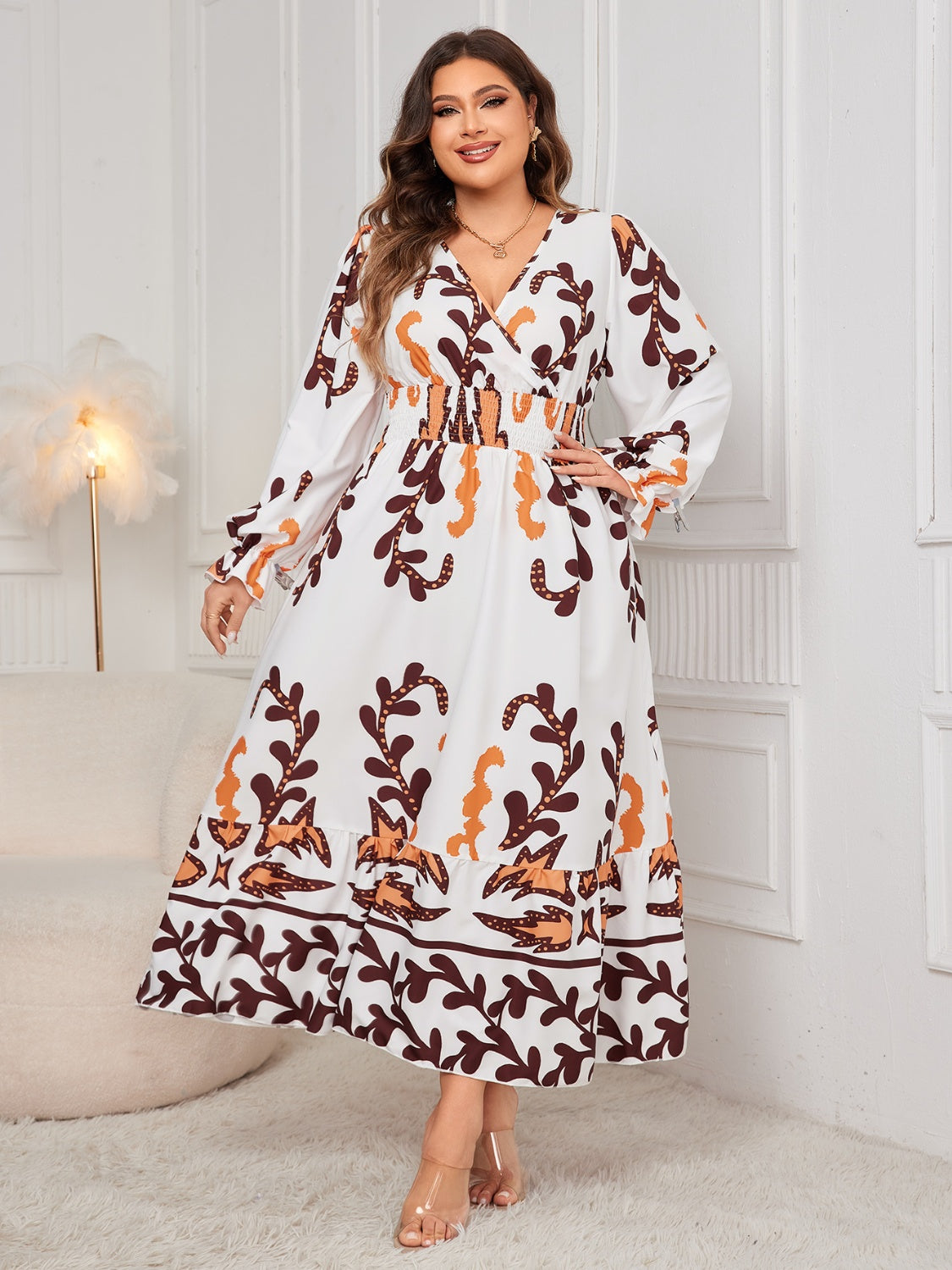 Honey Plus Size Printed Surplice Flounce Sleeve Maxi Dress