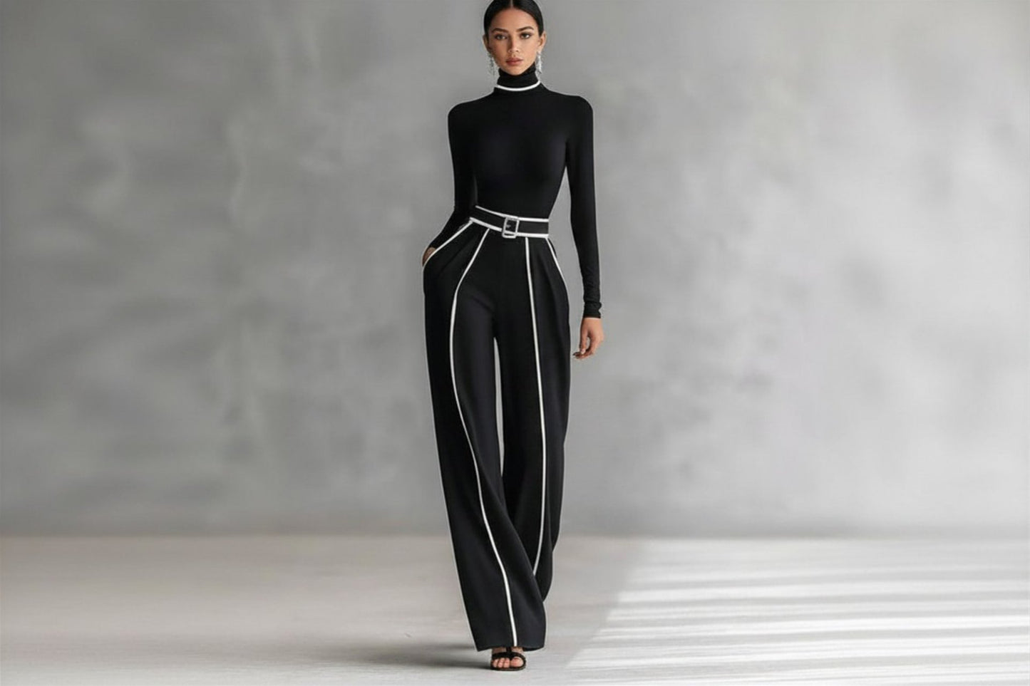 Elegant Stand Collar Contrast Binding Knit Set – Two-Piece Wide-Leg Trouser Suit Black