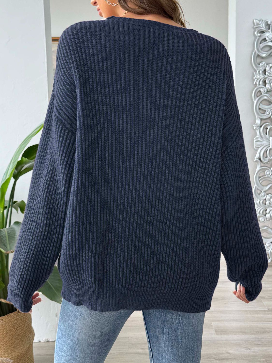 Women's Contrast Dropped Shoulder Long Sleeve Sweater