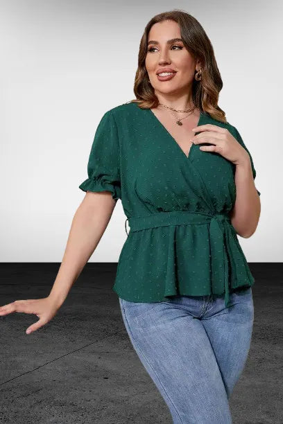 Plus Size Surplice Neck Tie Waist Blouse