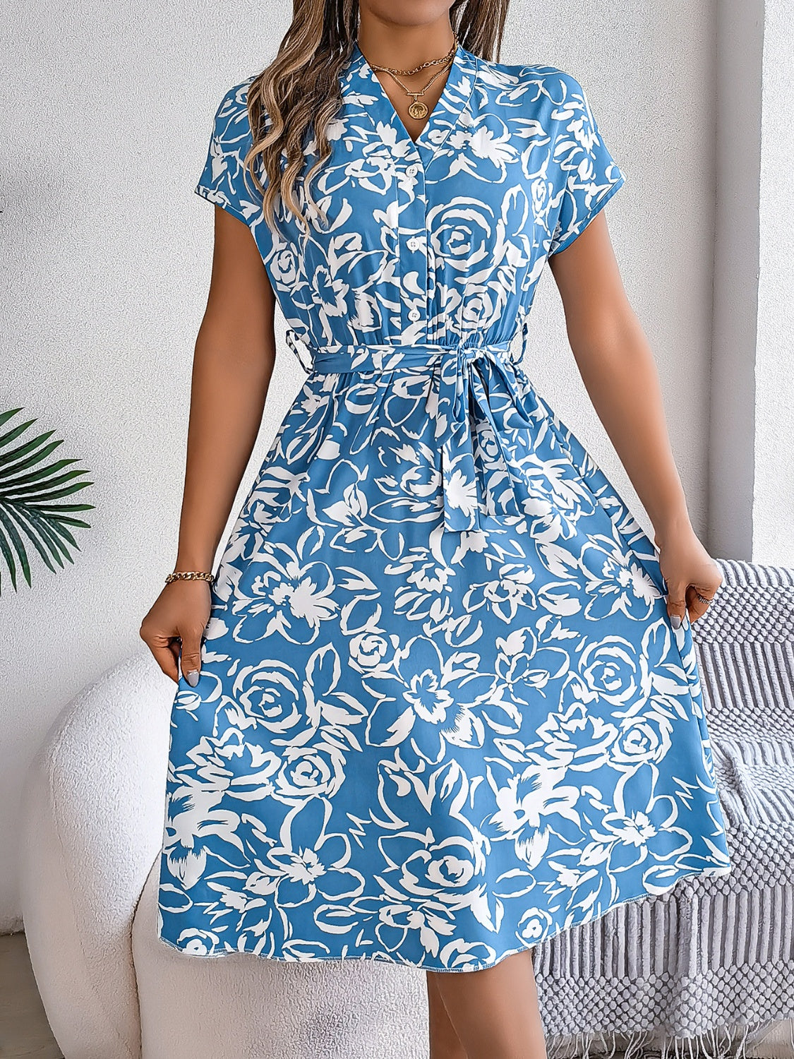 Printed V-Neck Short Sleeve Mini Dress