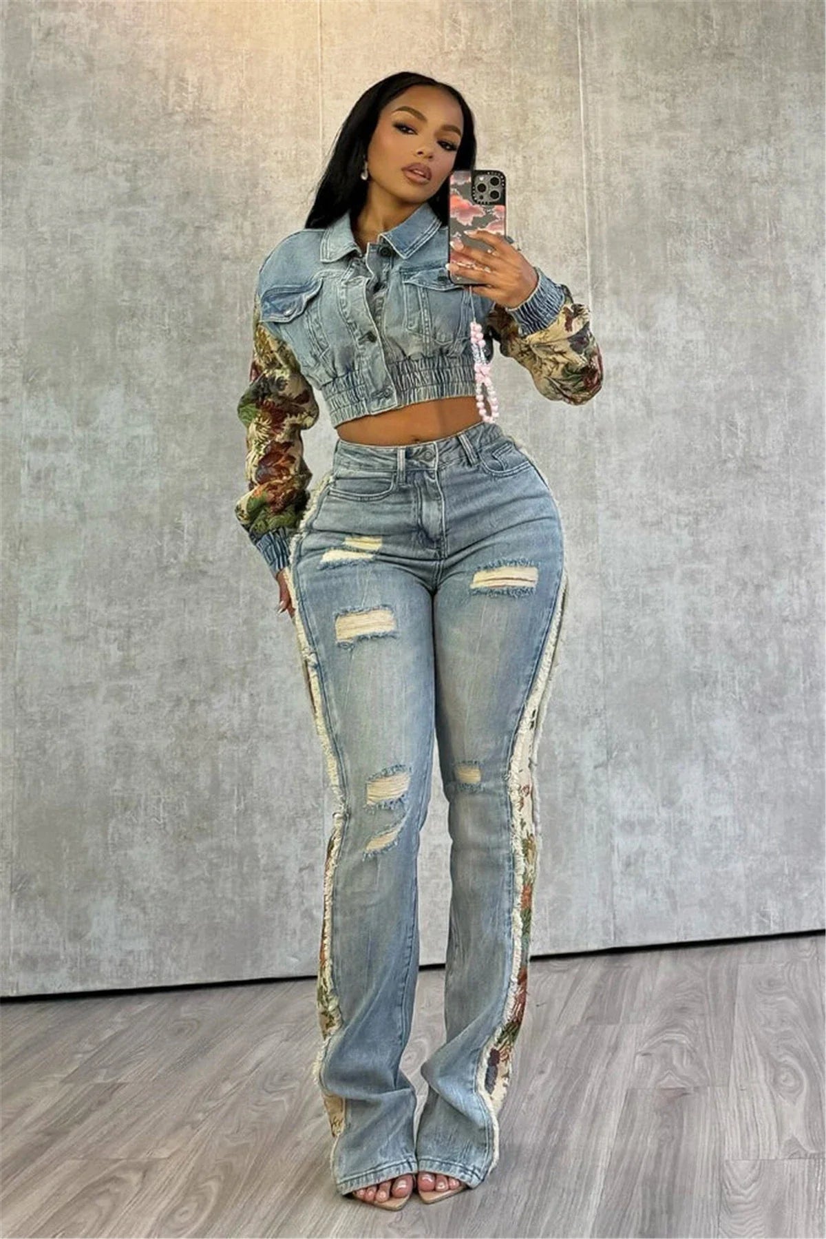 Women's Printed Splicing Long Sleeve Denim Jacket and Jean Pants Set