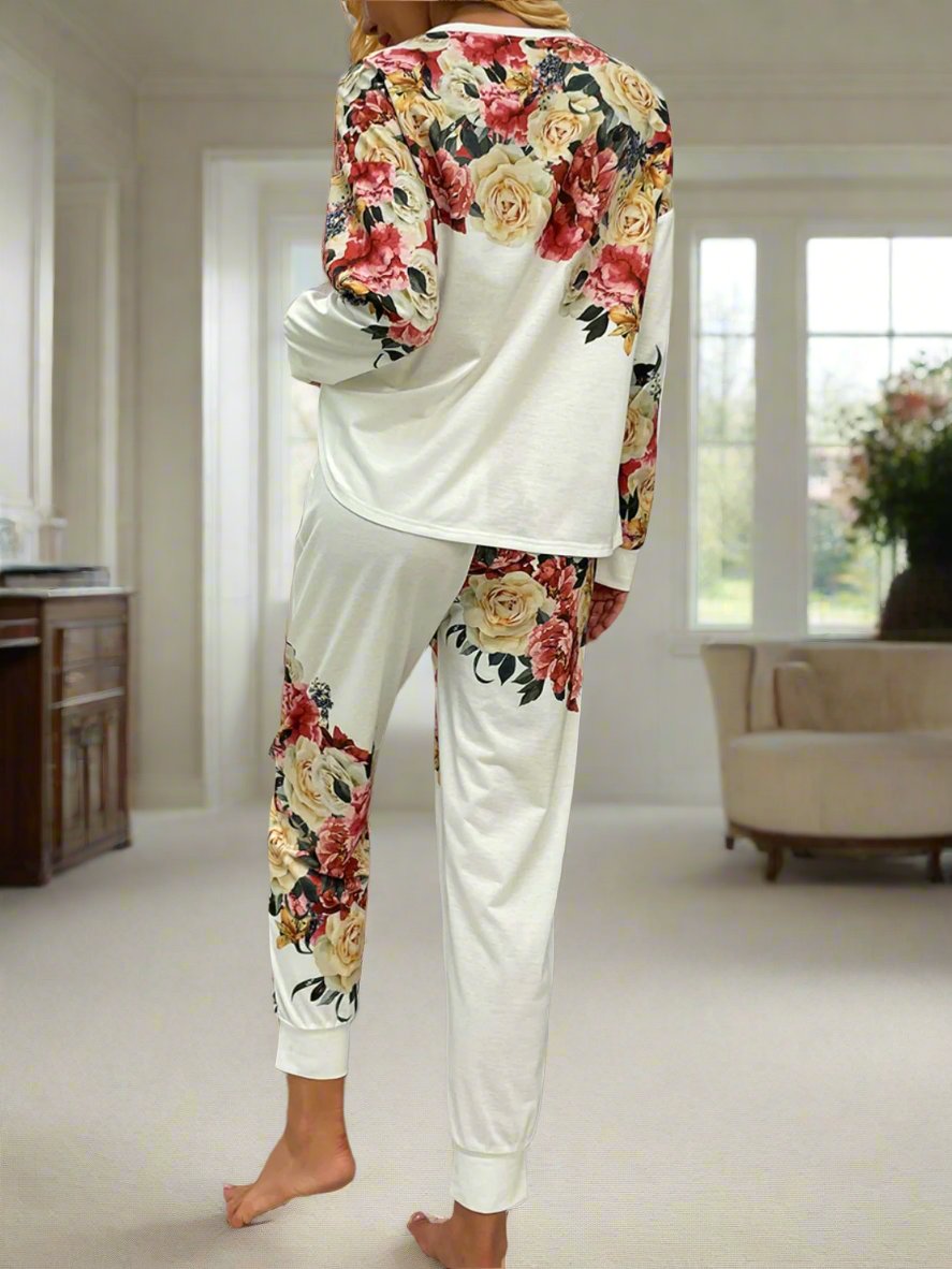 Printed Round Neck Top and Pants Lounge Set