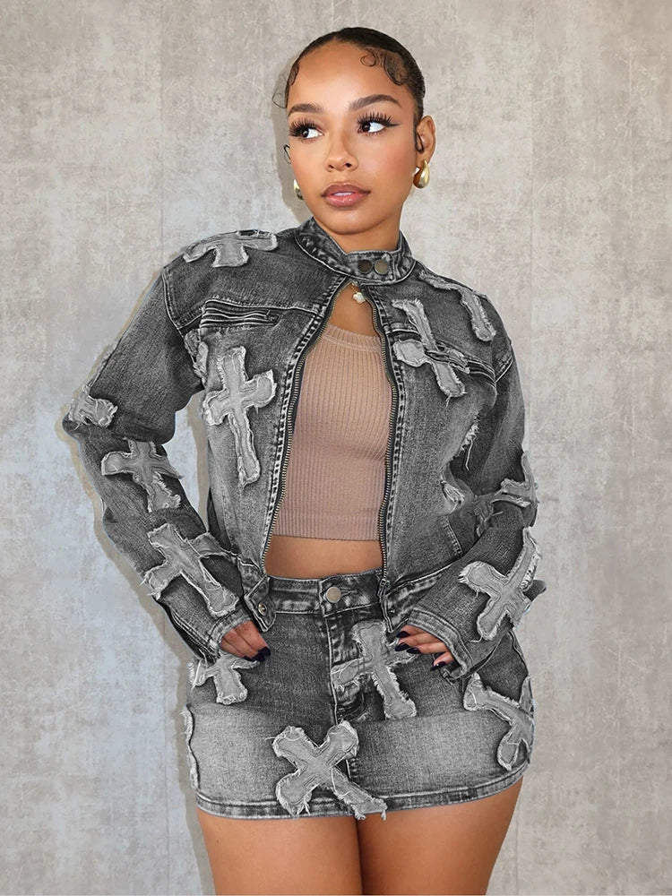 Women's Embroidered Denim Cargo Outfit - Full Sleeve Jacket & Pants Black