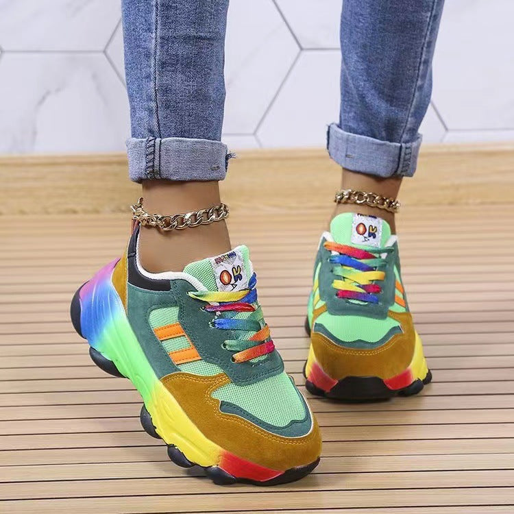 Colorblock Lace-Up Mesh Round Toe Platform Sneakers