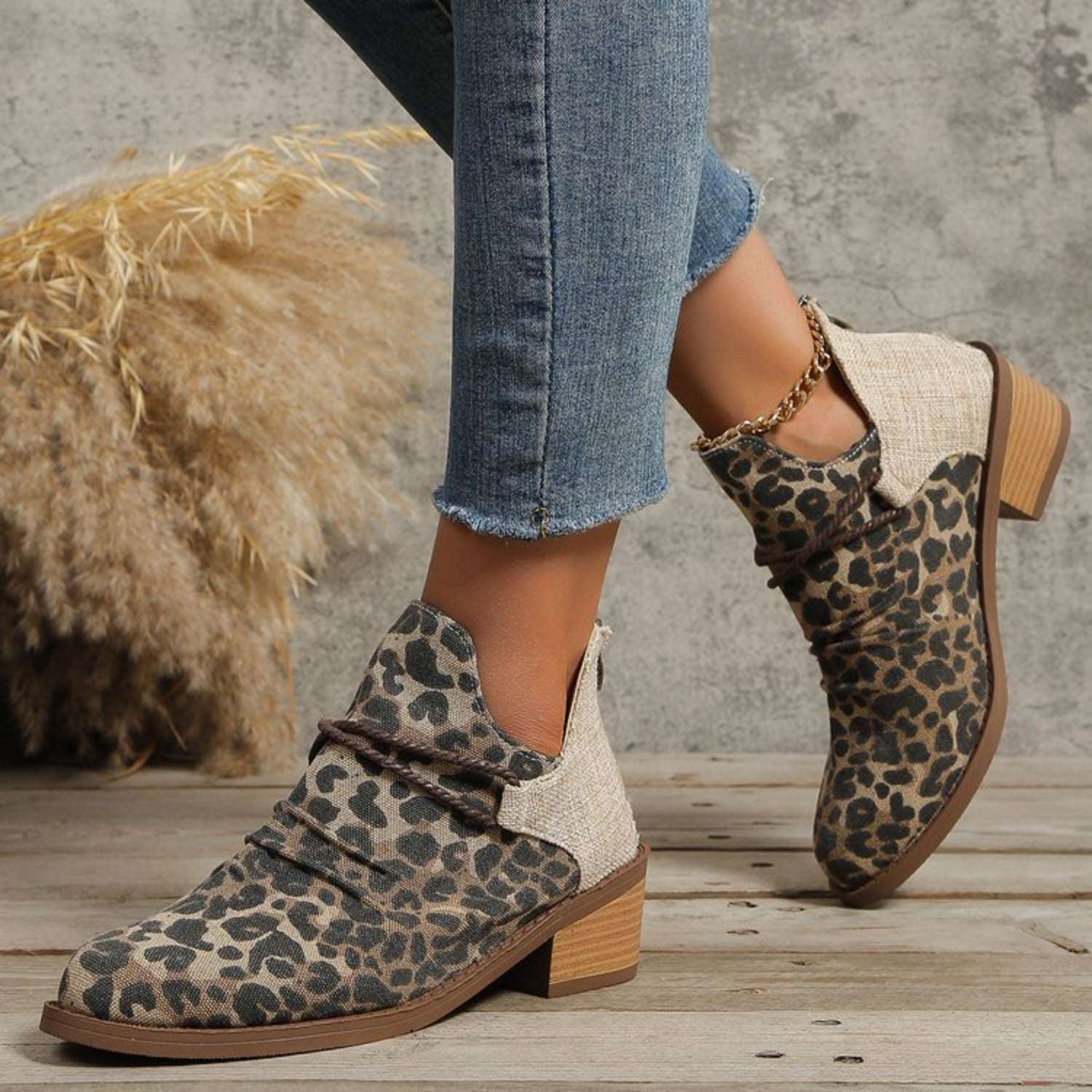 Contrast Canvas Low Heel Ankle Boots