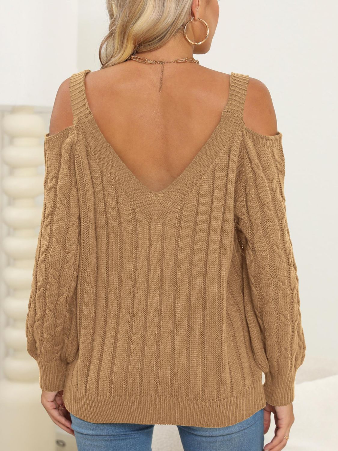 Cable-Knit Heart V-Neck Sweater Top