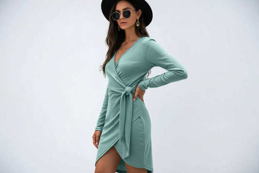 Surplice Long Sleeve Side Tie Dress – Wrap-Style V-Neck Midi Dress