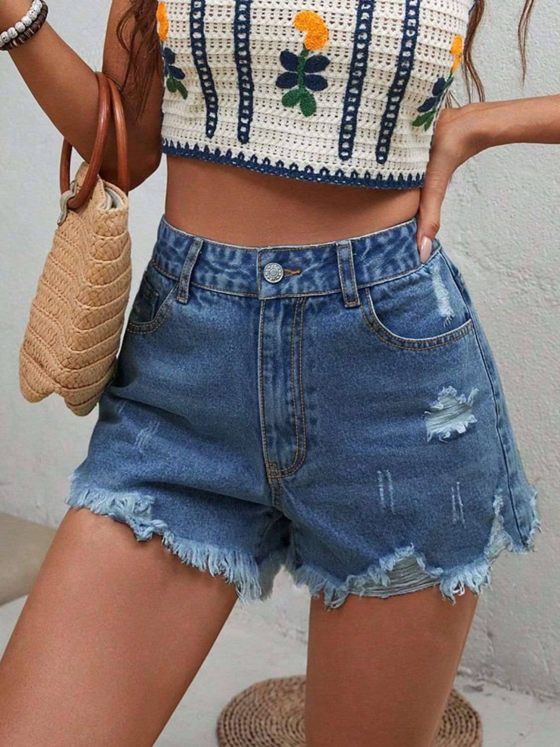 Distressed Raw Hem Denim Shorts