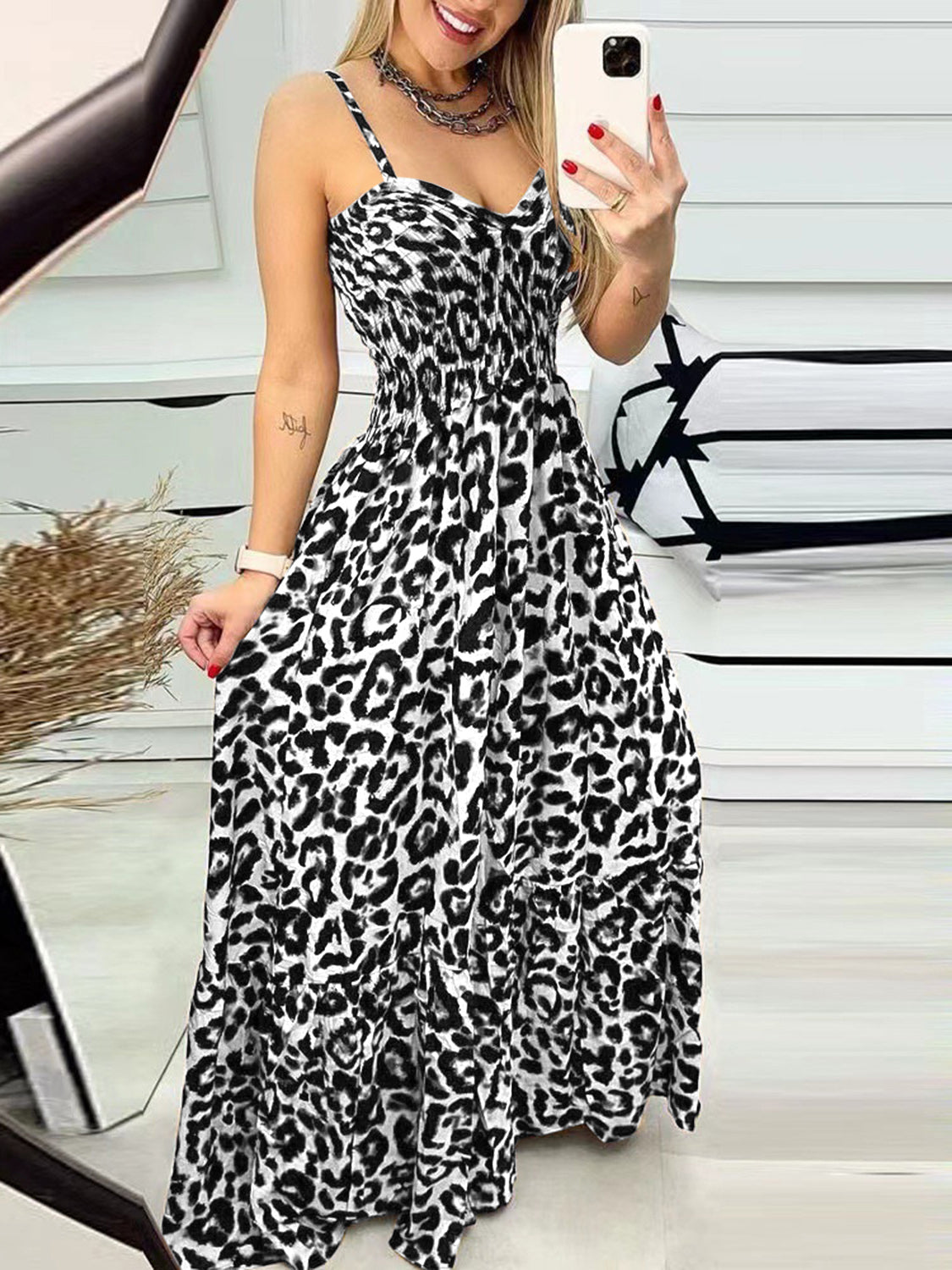 Women's Leopard Sweetheart Neck Cami Maxi Dress