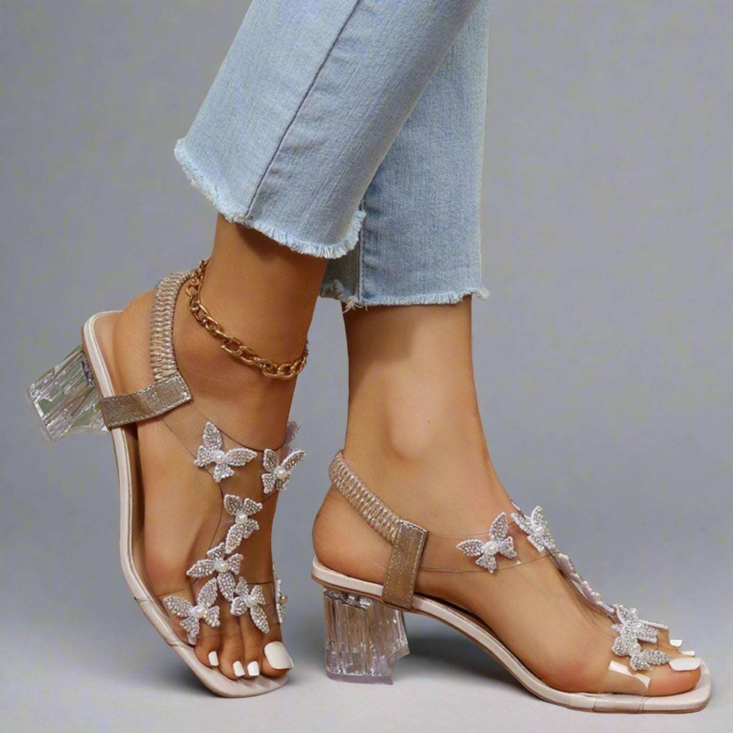 Butterfly Detail Open Toe Mid Heel Sandals