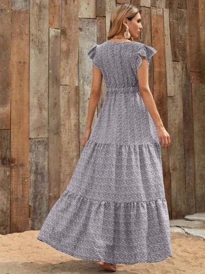 The Printed V-Neck Ruffle Sleeve Maxi Dress – 4 Colors, Sizes S–2XL