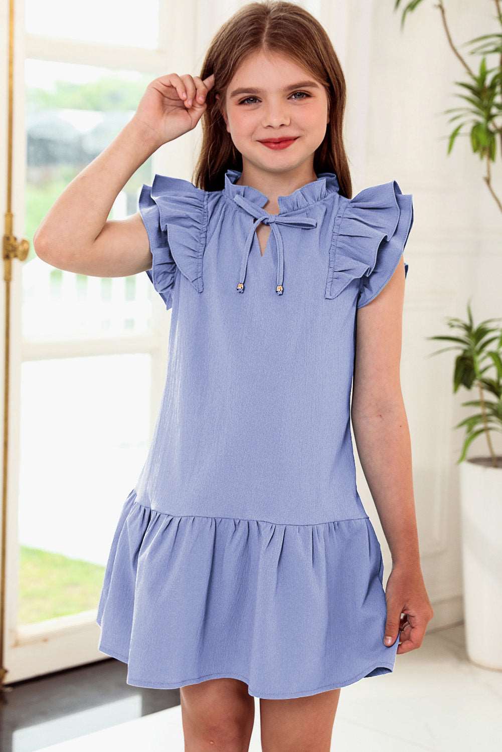 Girls Tie Neck Flutter Sleeve Dress