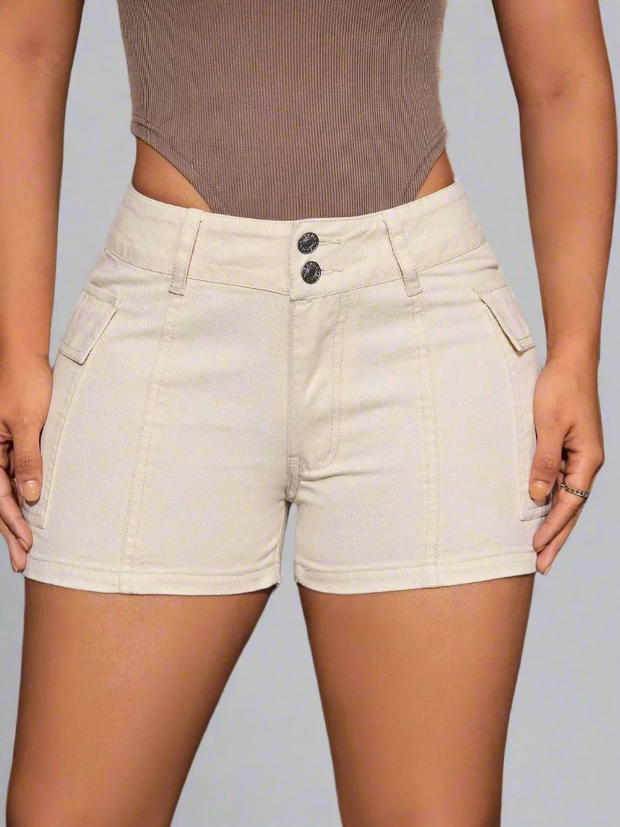 Mid-Rise Waist Denim Shorts with Pockets