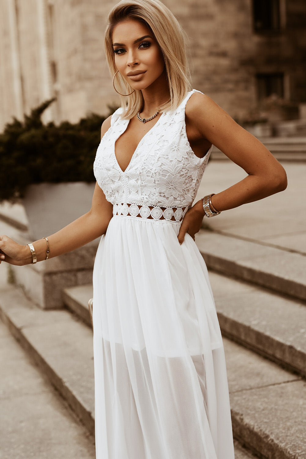 Women's Slit Lace Detail V-Neck Maxi Dress