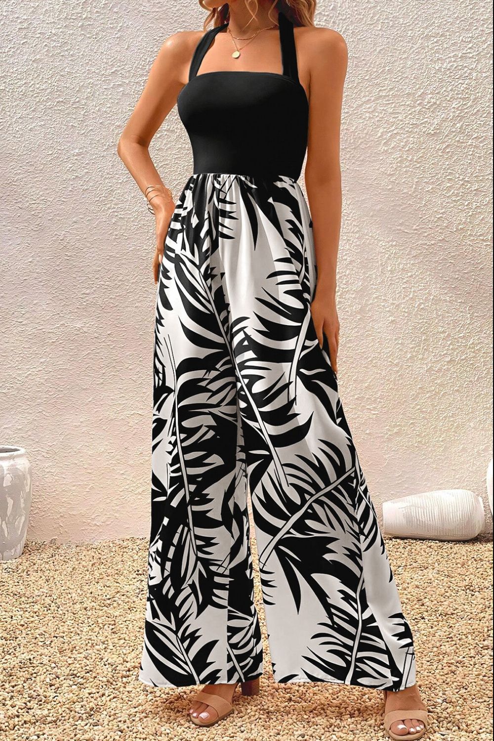 Women's Printed Halter Wide Leg Jumpsuit