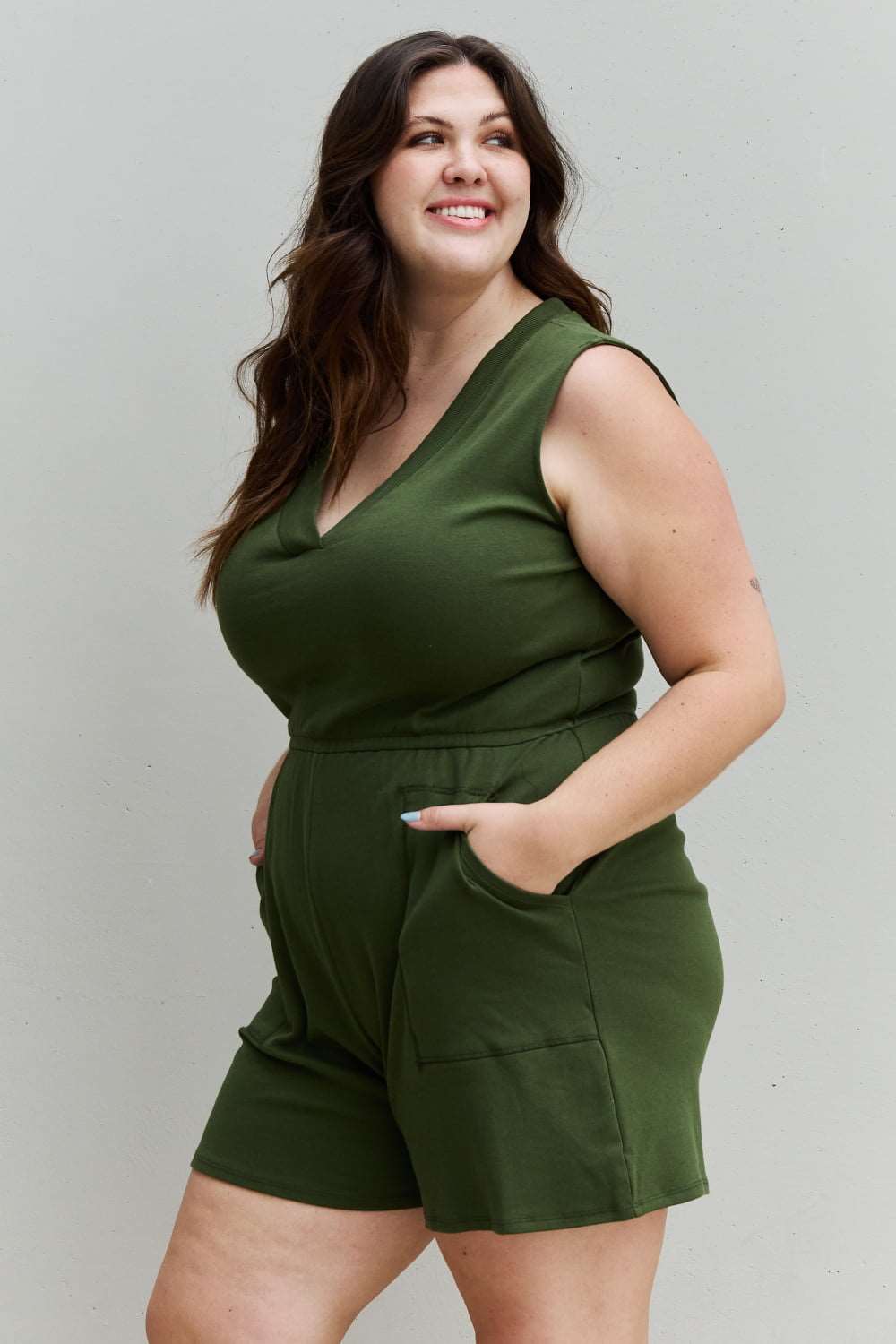 Zenana - Women's Plus Size Forever Yours V-Neck Sleeveless Romper in Army Green