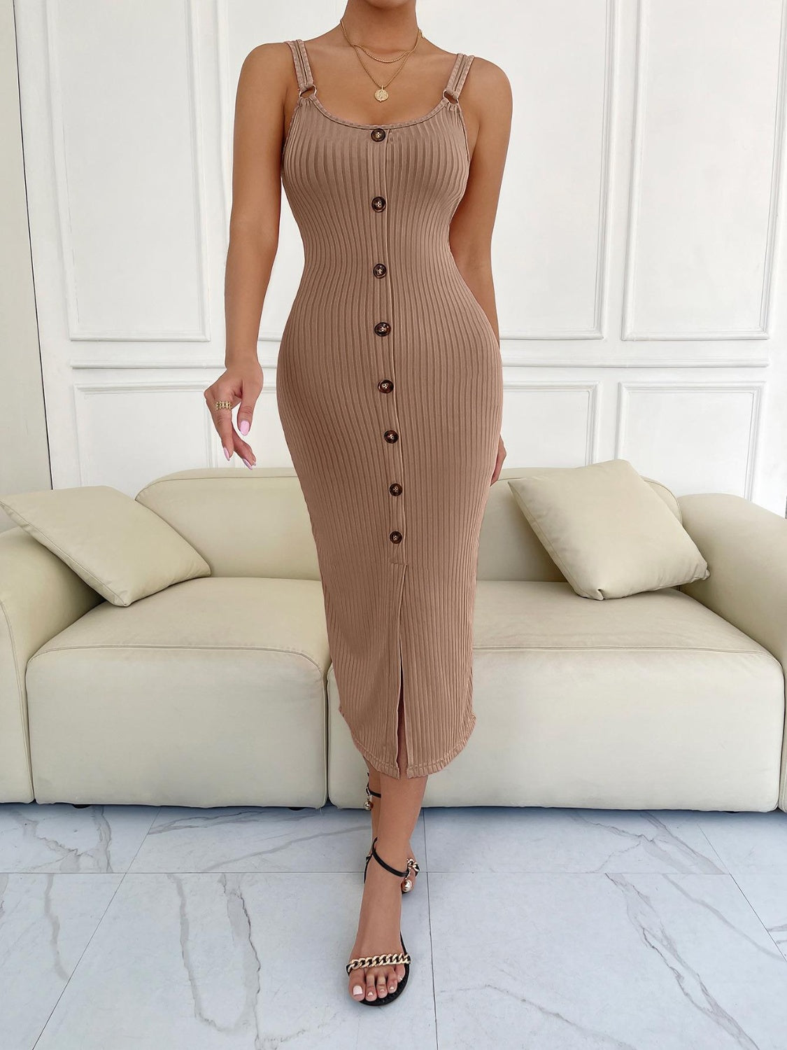 Ribbed Slit Decorative Button Cami Midi Dress