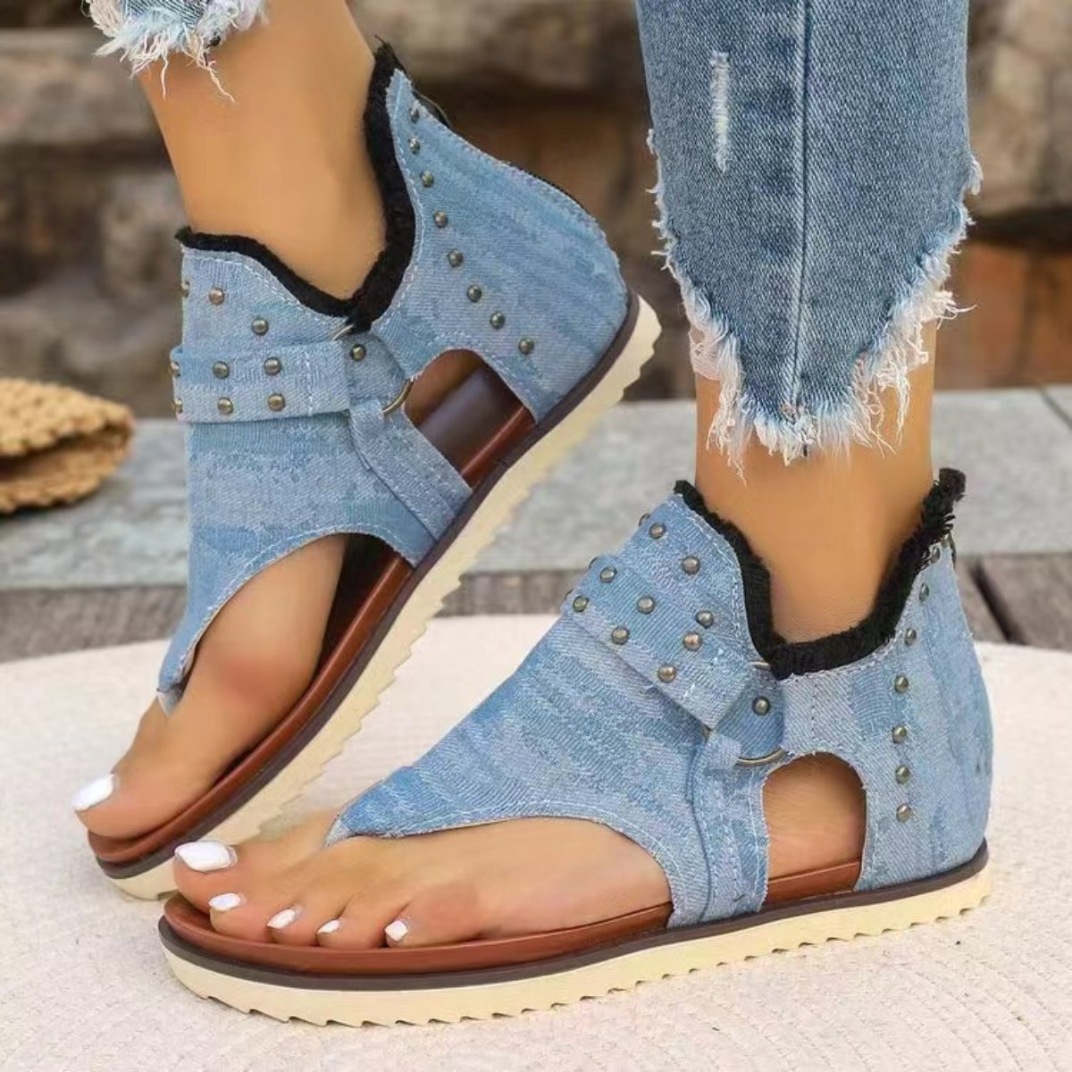 Women's Studded Raw Hem Flat Sandals