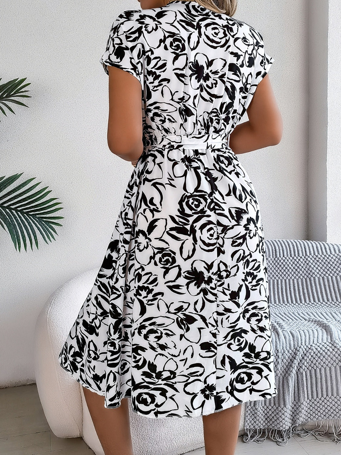 Printed V-Neck Short Sleeve Mini Dress