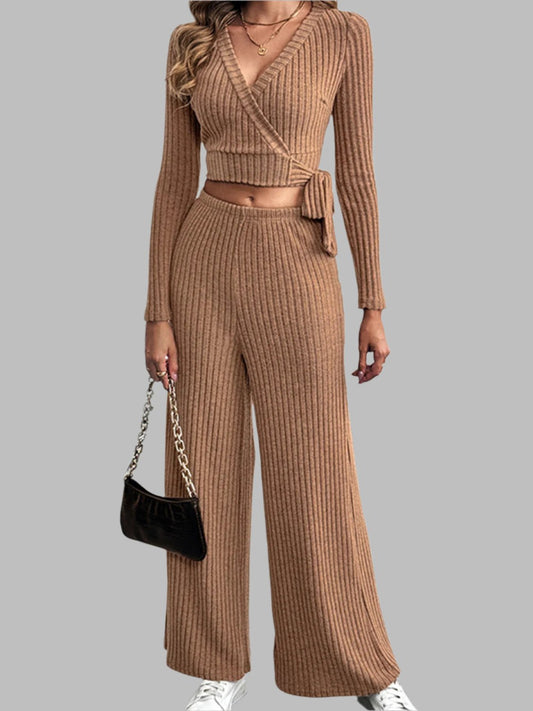 Women's Surplice Long Sleeve Top and Pants Set