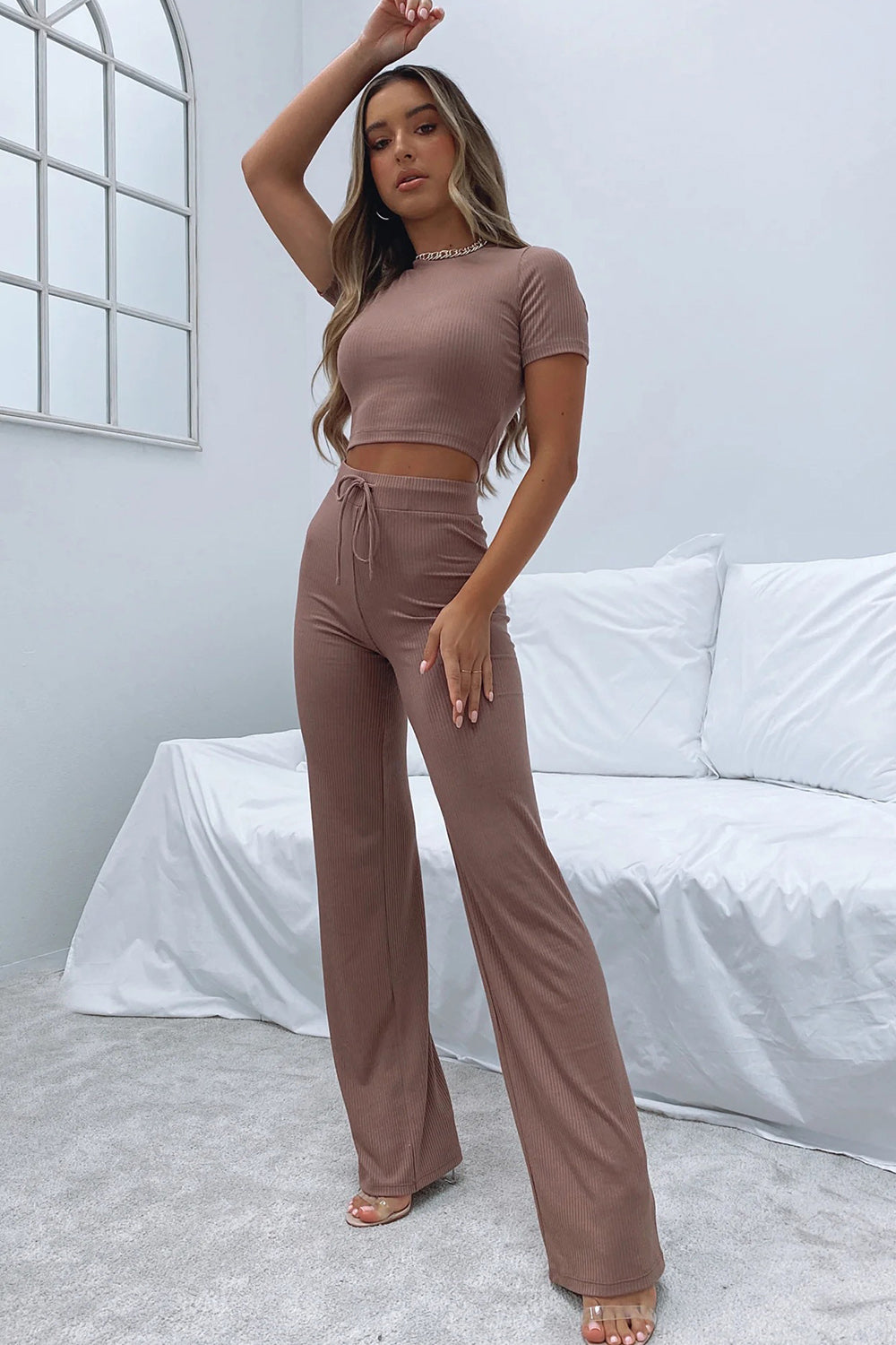 Women's Round Neck Short Sleeve Top and Pants Set