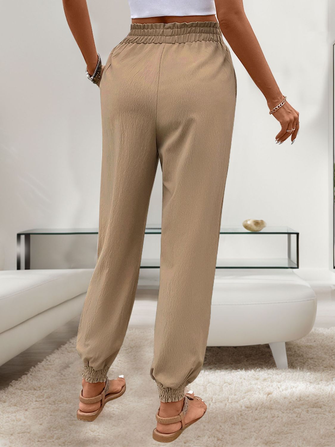 Women's Tied Elastic Waist Pants with Pockets