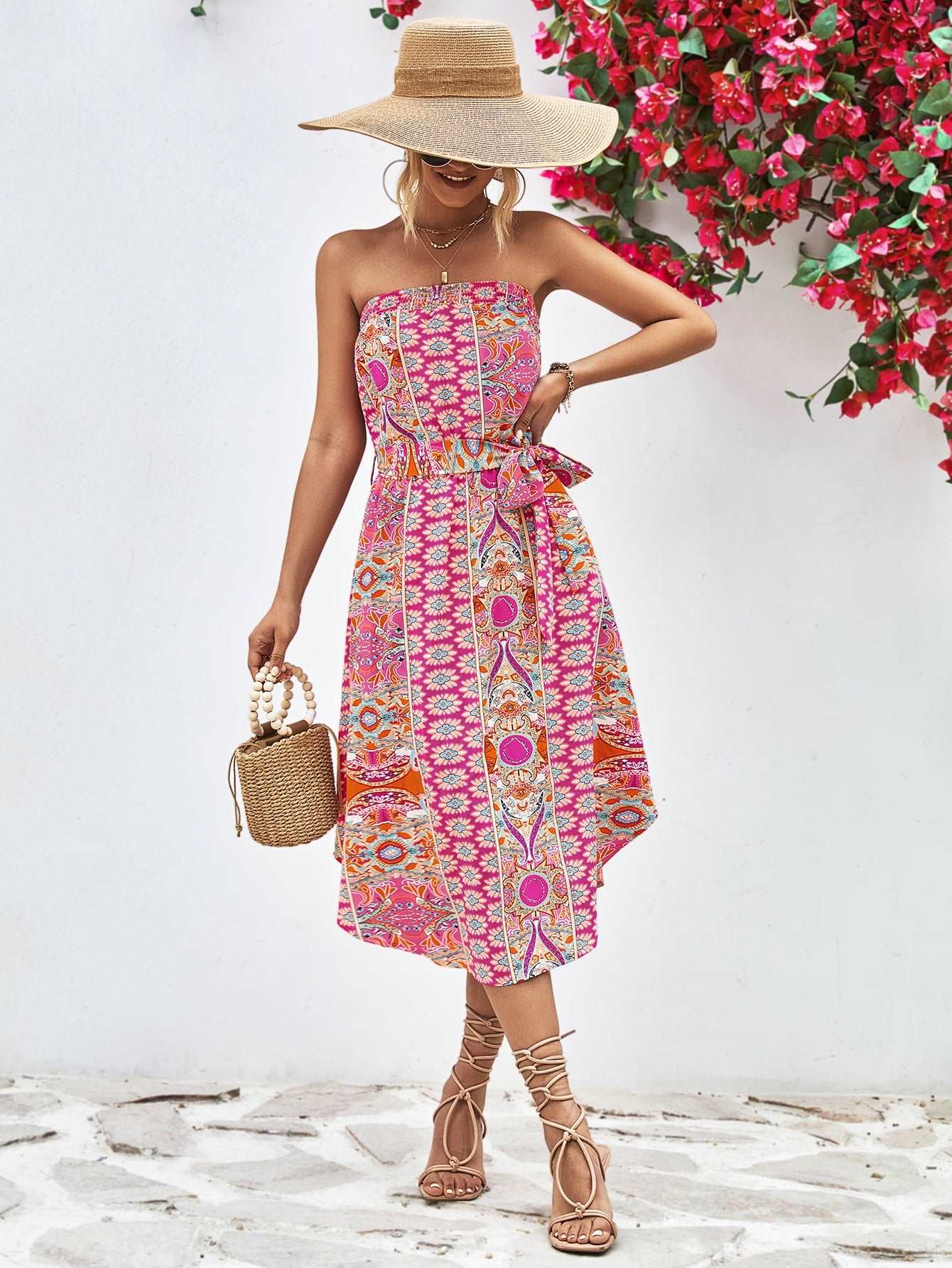 Printed Strapless Tie Belt Dress - Pink