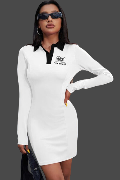 Women's Graphic Collared Long Sleeve Mini Dress - White