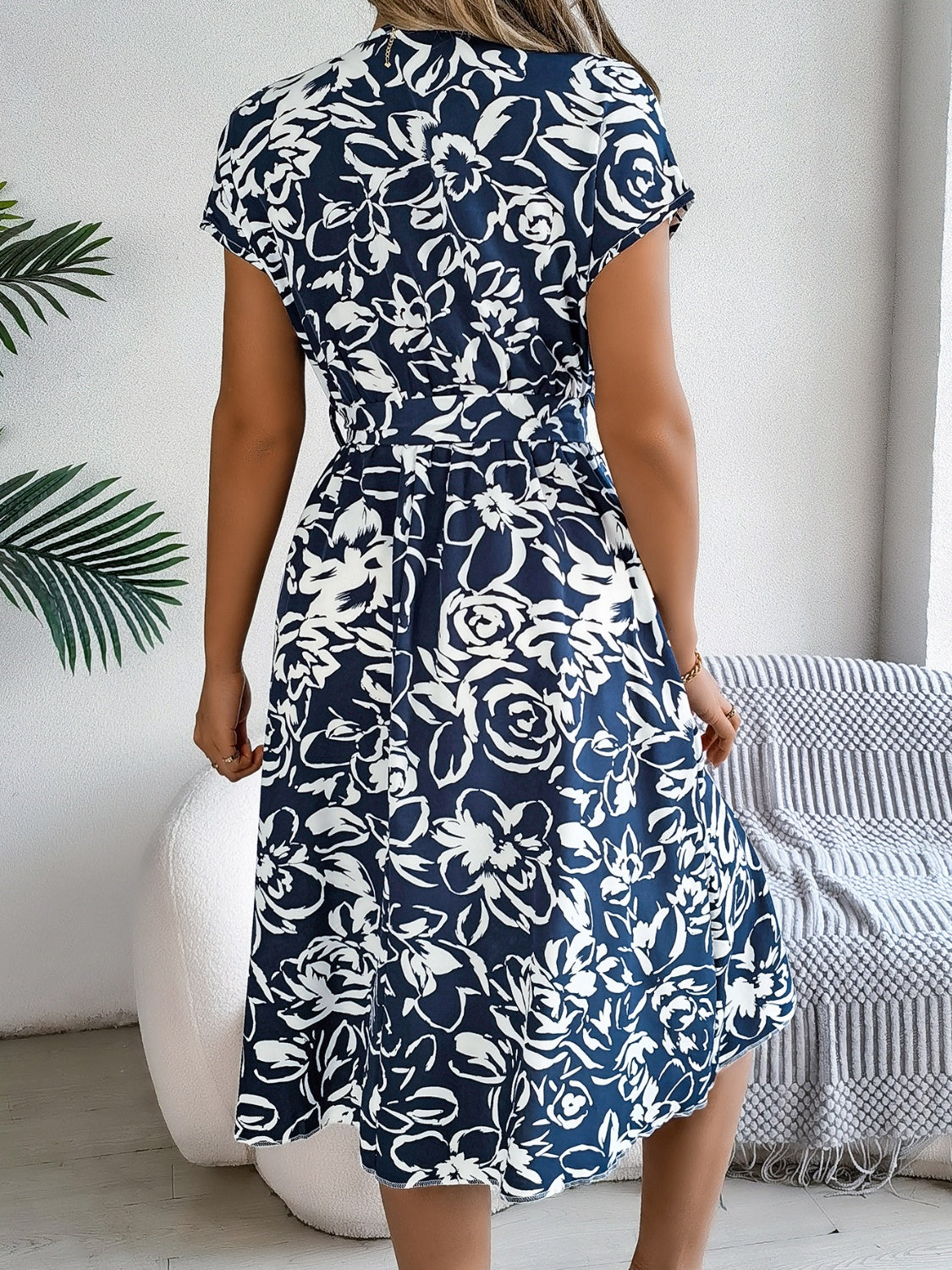 Printed V-Neck Short Sleeve Mini Dress