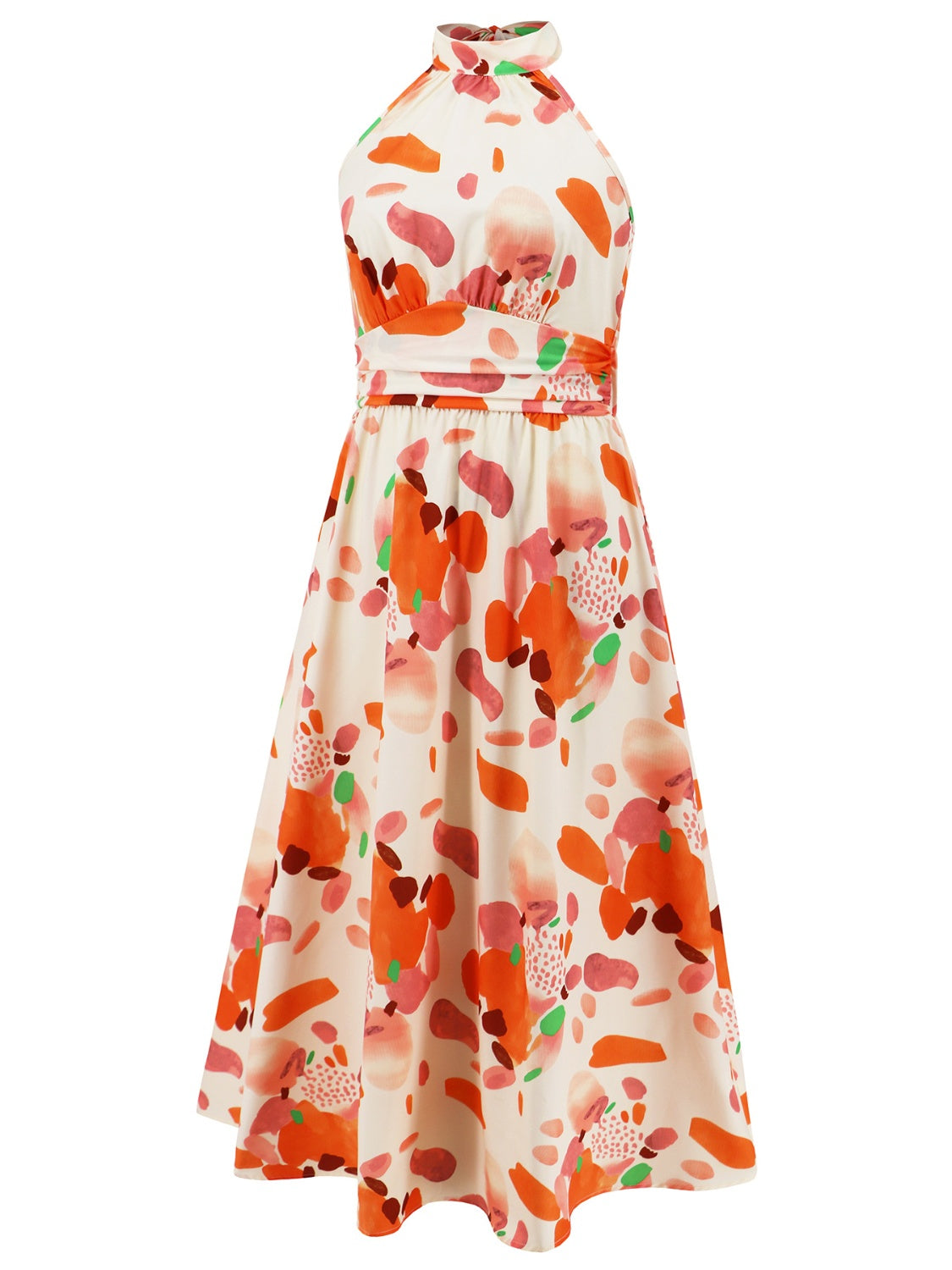 Ruched Printed Halter Neck Sleeveless Midi Dress