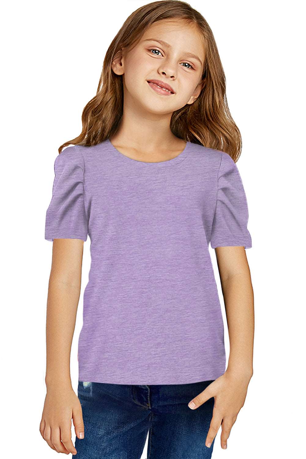 Girls Round Neck Puff Sleeve Blouse, purple, front view