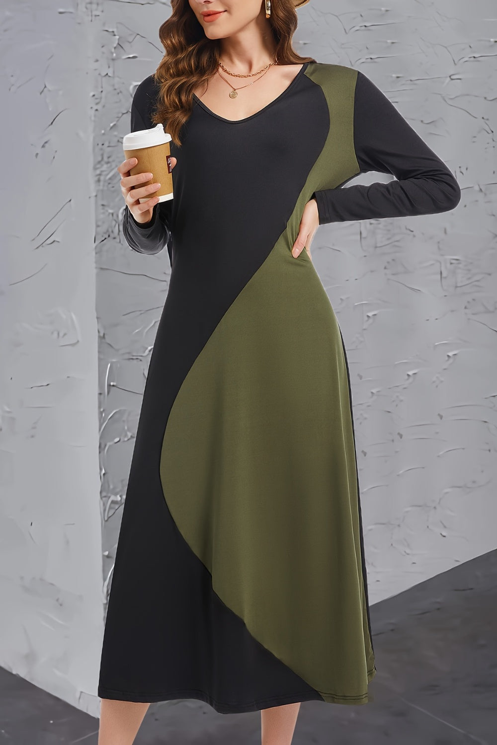 Women's Contrast Long Sleeve Midi Dress