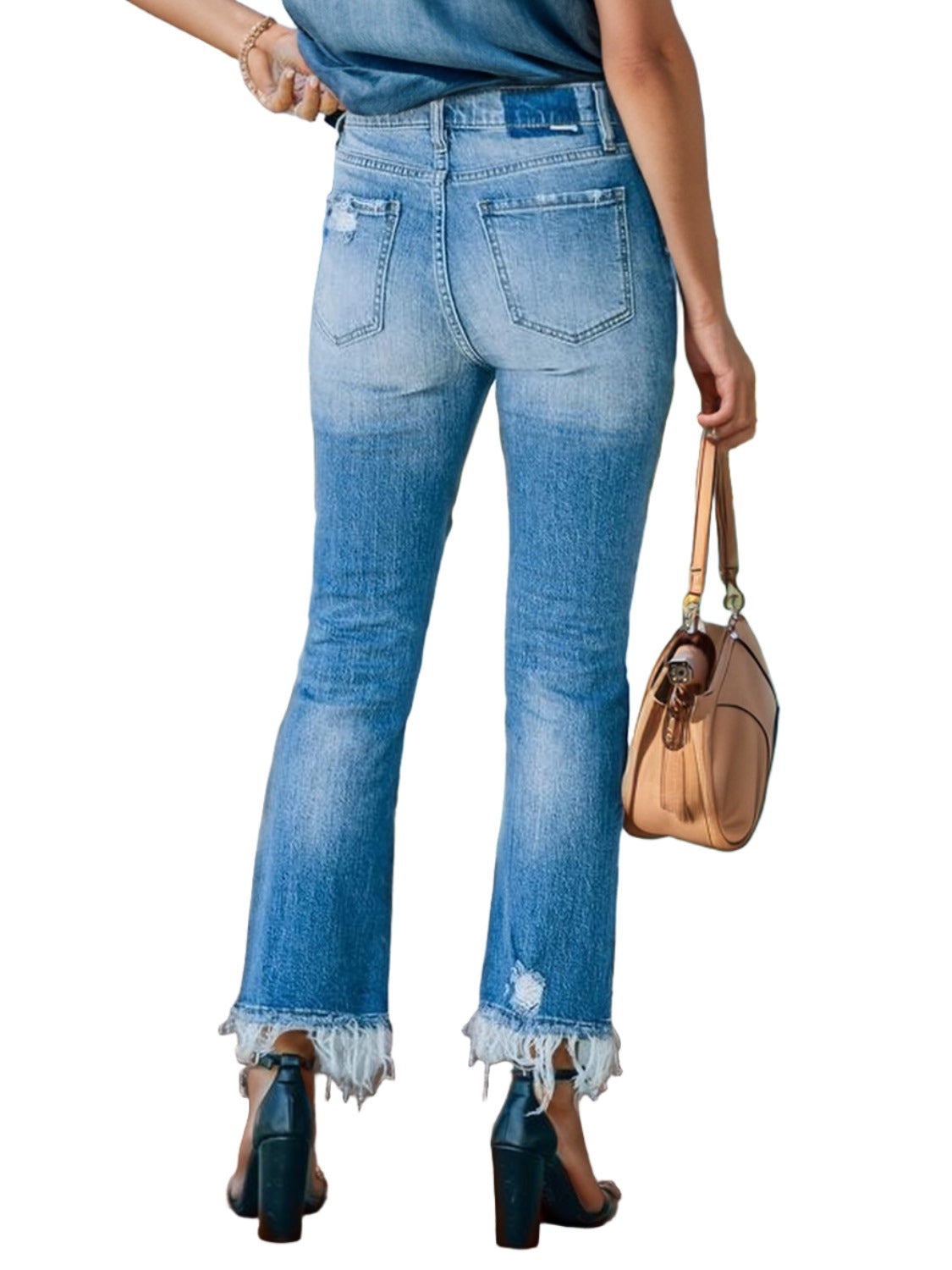 Women's Distressed Raw Hem Jeans with Pockets, back view