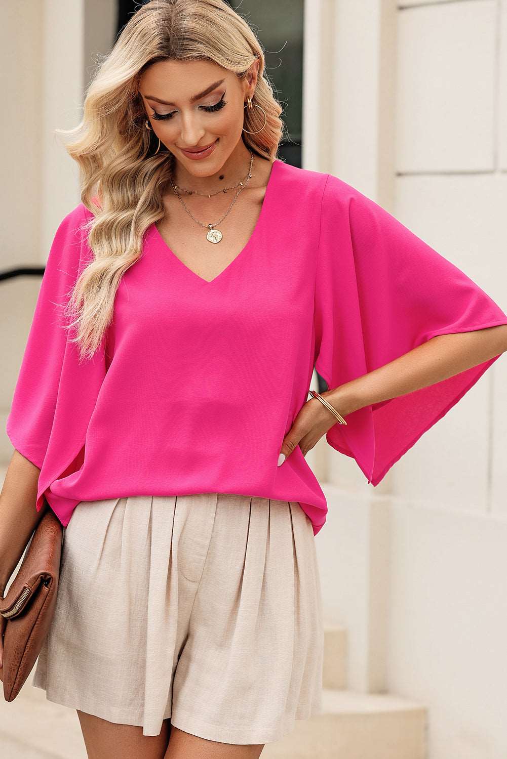 V-Neck Cloak Sleeve Blouse pink front view