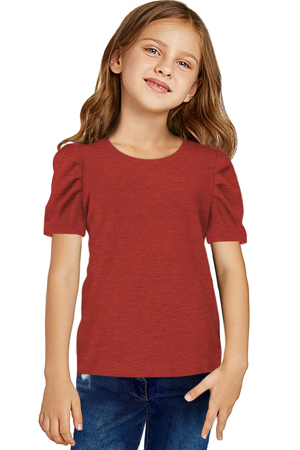 Girls Round Neck Puff Sleeve Blouse, deep red, front view