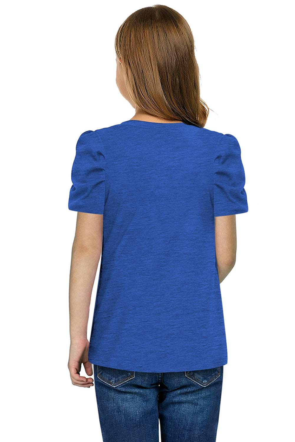 Girls Round Neck Puff Sleeve Blouse, royal blue, back view