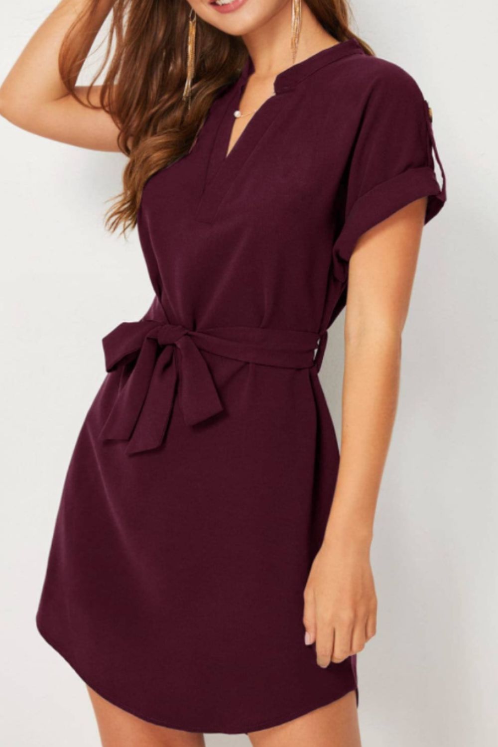 Tied Notched Short Sleeve Mini Dress