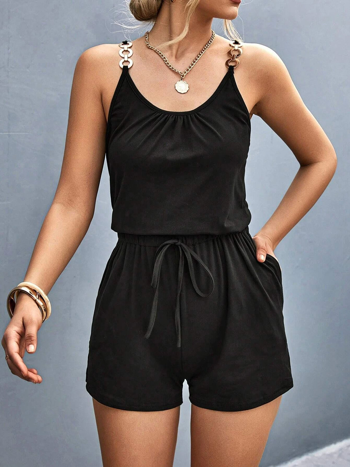 Plus Size Women's Pocketed Buckle Trim Scoop Neck Romper