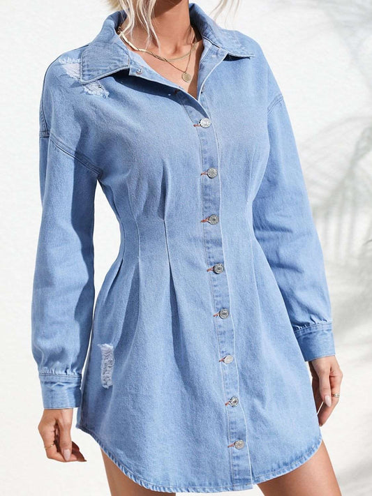 Distressed Button-Up Long Sleeve Denim Dress