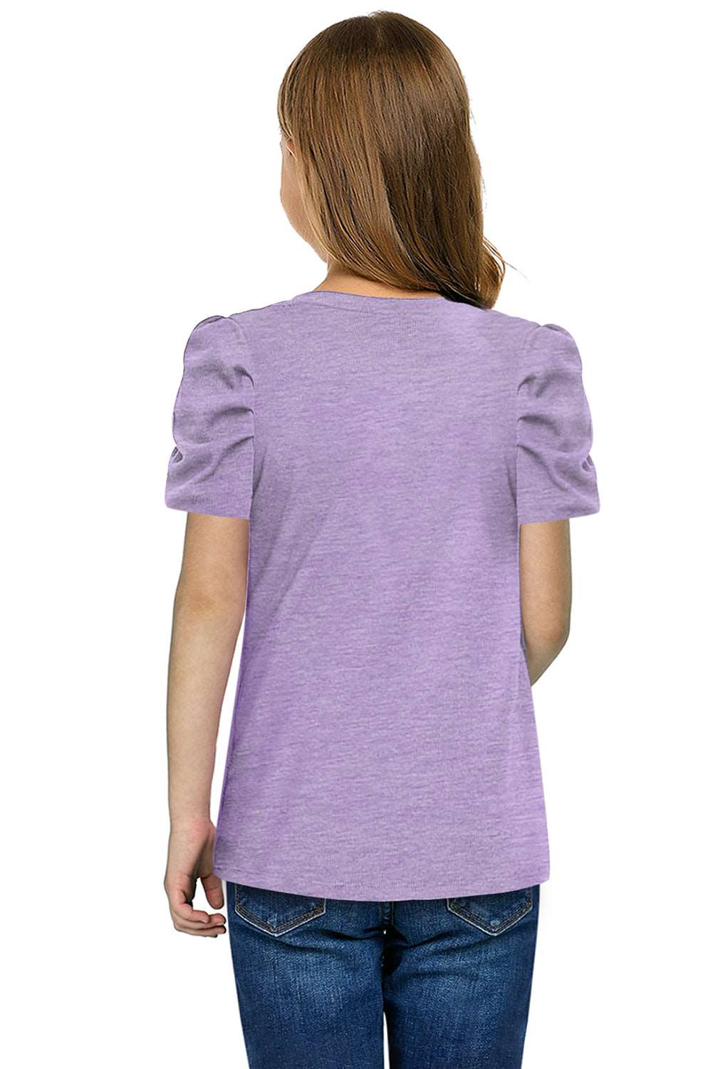 Girls Round Neck Puff Sleeve Blouse, purple, back view