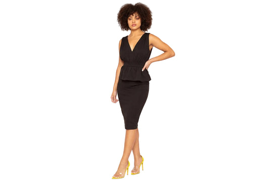 Shimmer Peplum Midi Dress – V-Neck Sleeveless Ruffle Dress | Made in USA