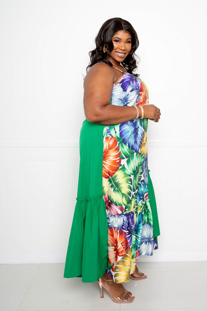 Plus Size Tropical Marble Print Tiered Maxi Dress